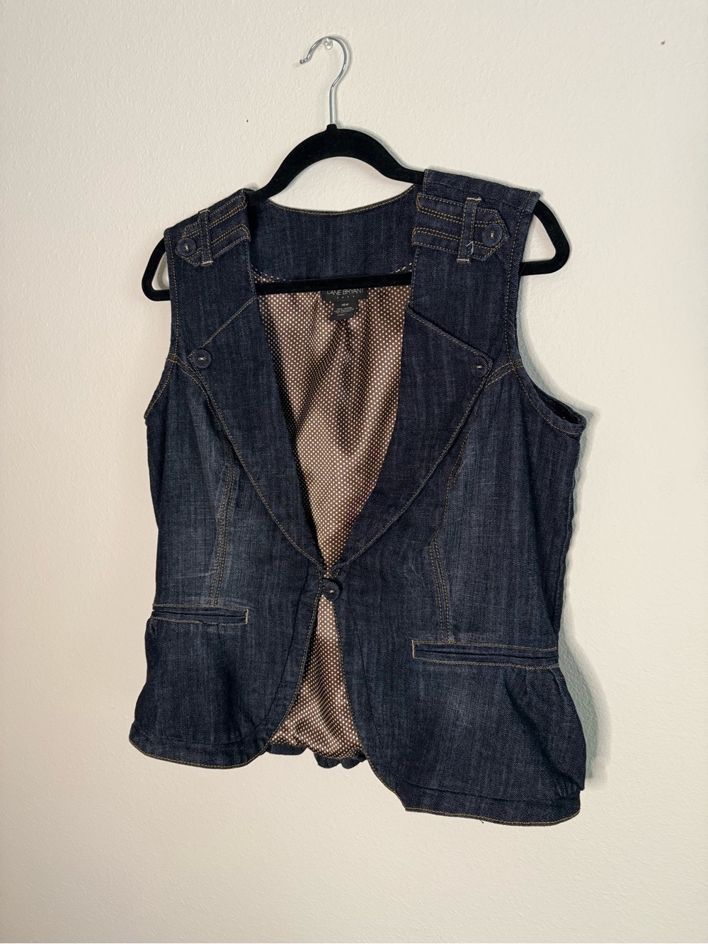 Lane Bryant Dark Indigo Denim Vest with Brown Polka Dot Lining